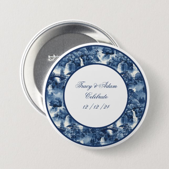 Japansk vatten-trädgård i blåvit porslin knapp (Framsida & baksida)