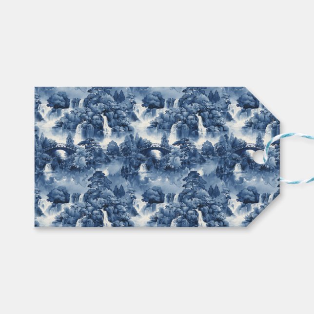 Japansk vatten-trädgård i blåvit porslin presentetikett (Framsidan (Horisontell))