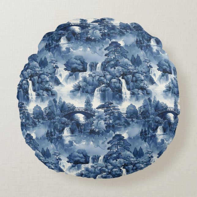 Japansk vatten-trädgård i blåvit porslin rund kudde (Framsidan)