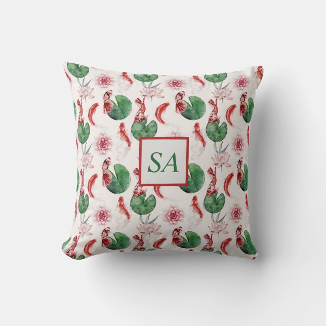 Japansk vattenfärg Koi Fish Lotus Kudde (Framsida)