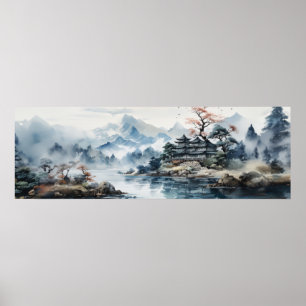 Japansk vattenfärg Landskap Sjö Poster