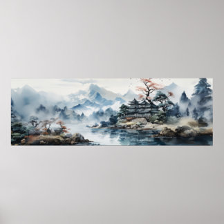 Japansk vattenfärg Landskap Sjö Poster
