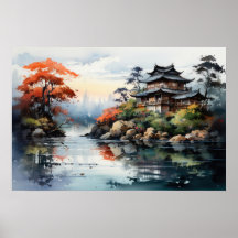 Japansk vattenfärg liggande, höst Sjö