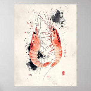 Japansk vattenfärgsräka med kalligrafi poster