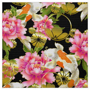 Japansk väv av mönster med Koi, blommor och mon Tyg