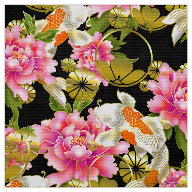 Japansk väv av mönster med Koi, blommor och mon Tyg (Provkarta)