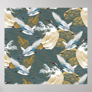 Japansk Vintage Crane Birds Mönster Poster