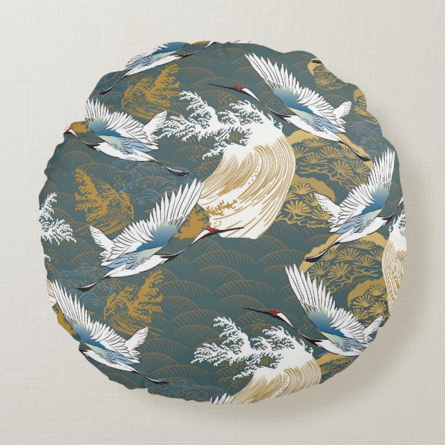 Japansk Vintage Crane Birds Mönster Rund Kudde (Framsidan)