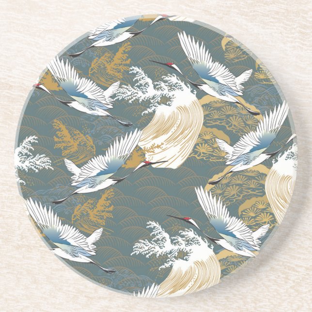 Japansk Vintage Crane Birds Mönster Underlägg (Framsidan)