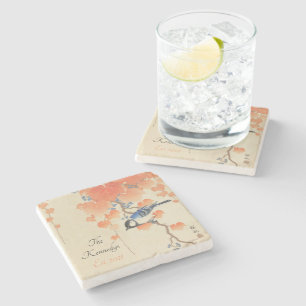 Japansk Vintage för vattenfärg Skriv ut med fågel Stenunderlägg