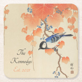 Japansk Vintage för vattenfärg Skriv ut med fågel Underlägg Papper Kvadrat