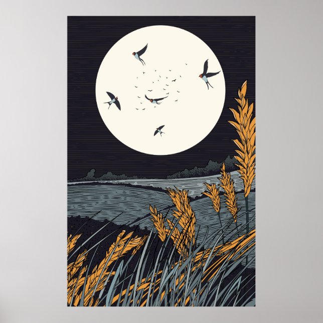 Japansk vintage landskap natt poster (Framsidan)