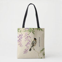 Japansk Vintage Lilac Sparrow Monogram Tote Bag Tygkasse