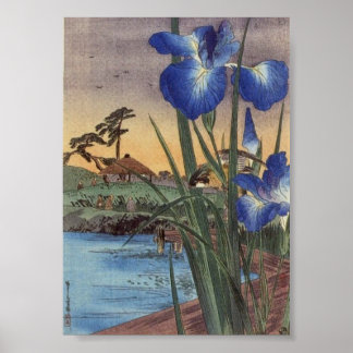Japansk vintage ukiyo-e blå iris och fågelscen poster