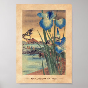 Japansk vintage ukiyo-e blå iris och fågelscen poster