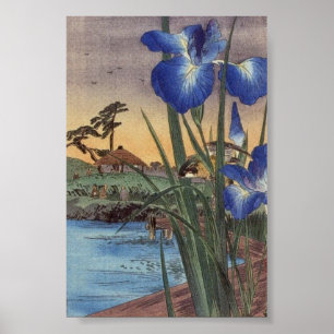 Japansk vintage ukiyo-e blue iris and bird scen poster