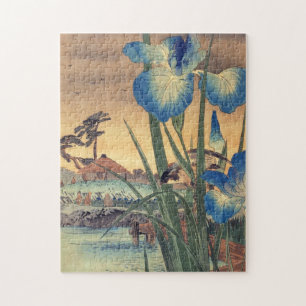 Japansk vintage ukiyo-e blue iris och fågelscen pussel