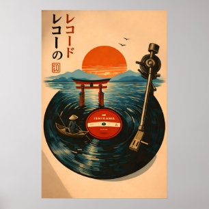 Japansk Vinylskiva Solnedgång Torii Port Plakat Poster