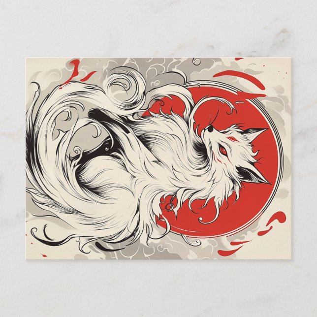 Japansk vit Kitsune räv Vykort (Framsida)