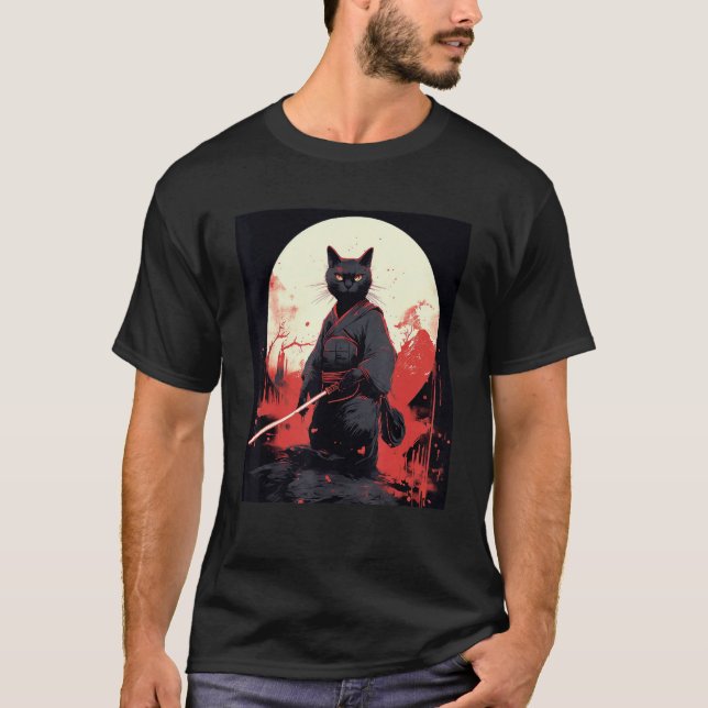 Japansk Warrior Cat Ninja Mask Kitsune T Shirt (Framsida)