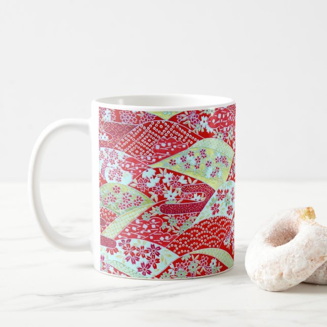 Japansk Washi Art Red Blommigt Origami Yuzen-kaffe Kaffemugg (Med munk)