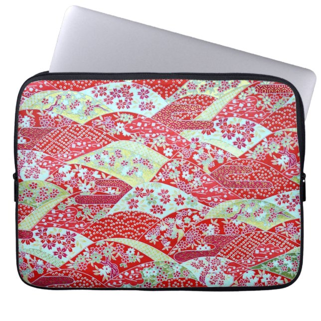 Japansk Washi Art Red Blommigt Origami Yuzen Laptop Sleeve (Framsidan)