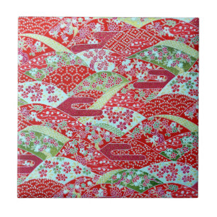 Japansk Washi Art Red Blommigt Origami Yuzen Tile Kakelplatta