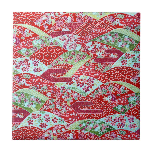 Japansk Washi Art Red Blommigt Origami Yuzen Tile Kakelplatta (Framsidan)