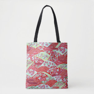 Japansk Washi Art Red Blommigt Origami Yuzen Tote Tygkasse