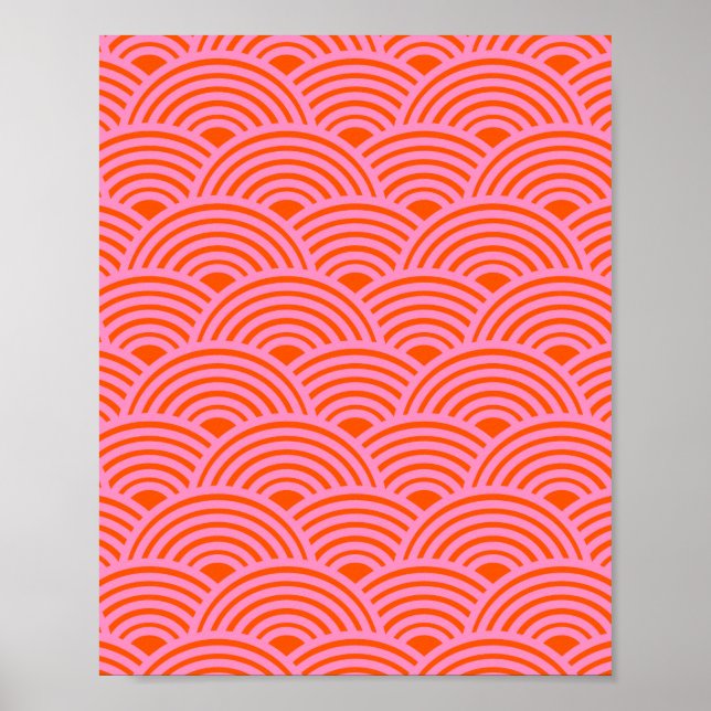 Japansk Wave Seigaiha Mönster Preppy Orange Rosa Poster (Framsidan)