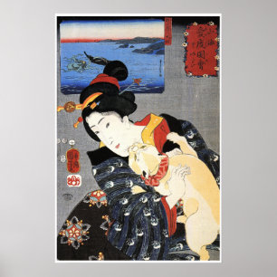 Japansk Woman Holding Cat Poster