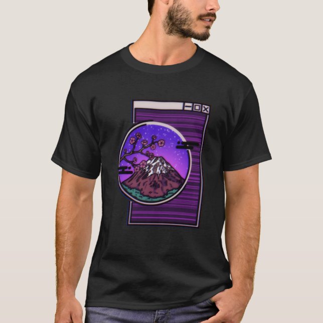 Japansk Y2K 90s Cherry Blommar Mt Fuji på Glitch T Shirt (Framsida)