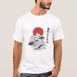 Japansk Zen Berg Röda Solen Bläck Tvätt Konst T Shirt
