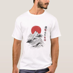 Japansk Zen Berg Röda Solen Bläck Tvätt Konst T Shirt