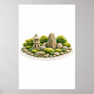 Japansk Zen-trädgård med stenlampa och sten Poster
