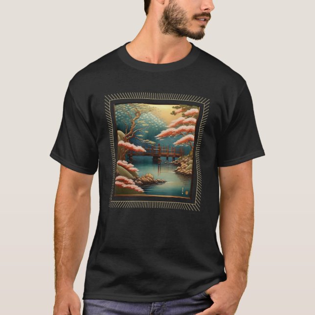 Japanska Aesthetic River Bridge Nature Landcape T Shirt (Framsida)