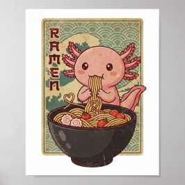 Japanska Anime Axolotls Ramen Svart Axolotl Äter Poster
