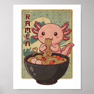 Japanska Anime Axolotls Ramen Svart Axolotl Äter Poster