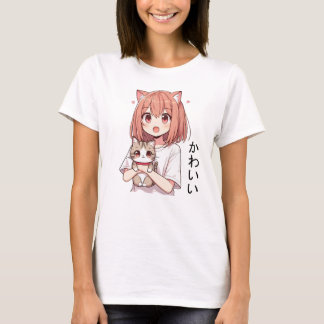 Japanska Anime Cute Girl and Cat T Shirt
