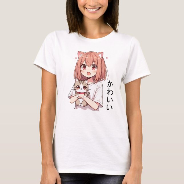 Japanska Anime Cute Girl and Cat T Shirt (Framsida)