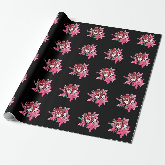 Japanska Anime Girl Demon Aesthetic Flowers Presentpapper (Utrullad)