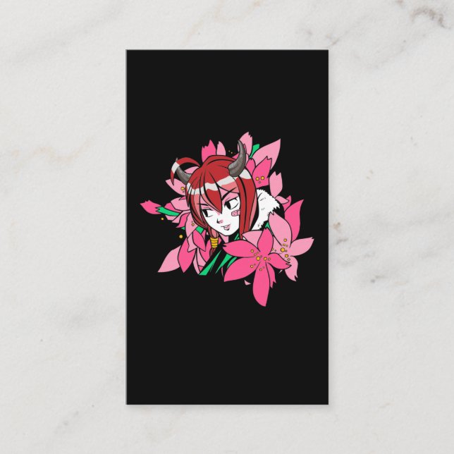 Japanska Anime Girl Demon Aesthetic Flowers Visitkort (Framsida)
