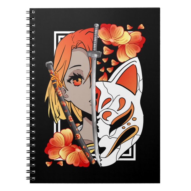 Japanska Anime Girl Mask Samurai Sword Flowers Anteckningsbok (Framsidan)