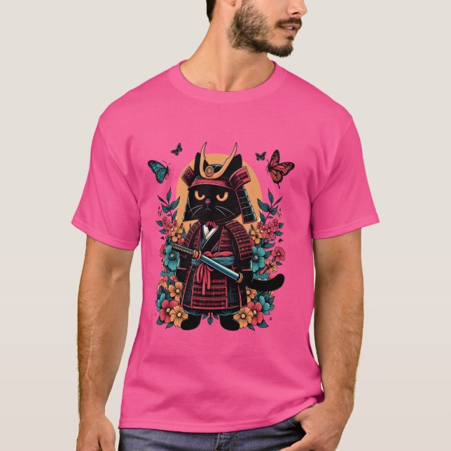 Japanska Art Samurai Ninja Black Cat Warriors T Shirt (Framsida)