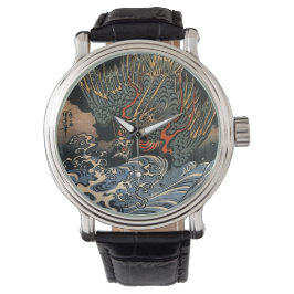 Japanska Art Ukiyo-e Dragon Leather Watch Armbandsur