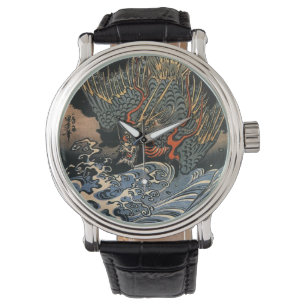 Japanska Art Ukiyo-e Dragon Leather Watch Armbandsur