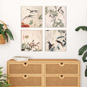 Japanska Audubon Bird Gallery Wall Art Set av 4 Canvastryck