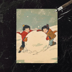 Japanska barn som rullar en stor snöboll helg vykort