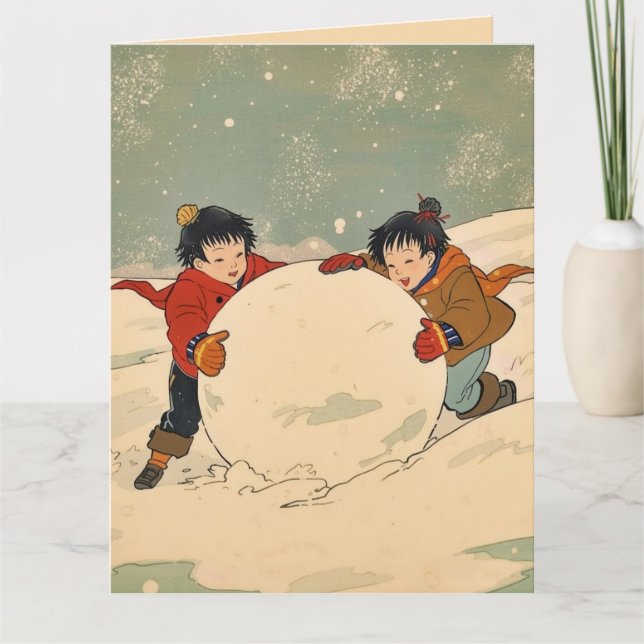 Japanska barn som rullar stor snöboll kort (Framsida)