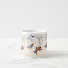 Japanska barn som rullar stora snö bollar espressomugg